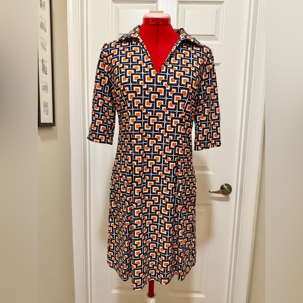 Jude Connally Retro Geometric Midi Dress, Orange/Black, sz S